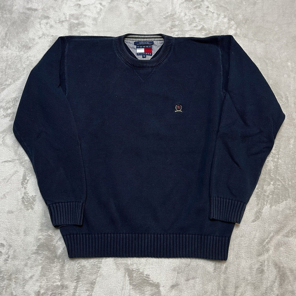 Tommy Hilfiger Mens XXL Navy Blue Cotton Knit Crewneck Crest Logo Sweater